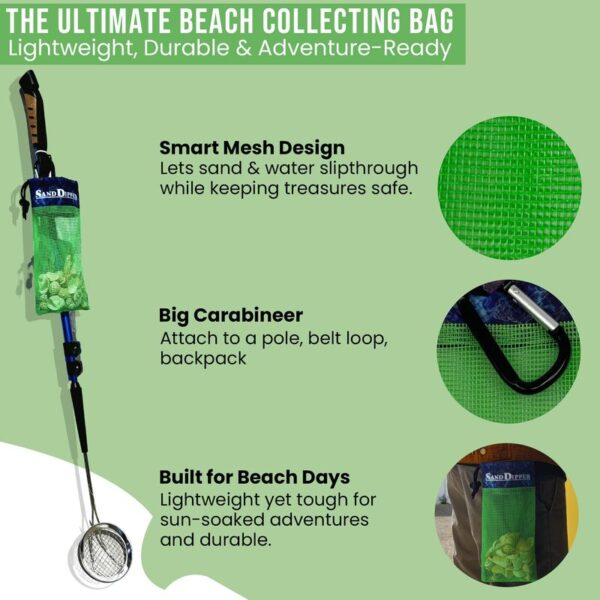 Sand Dipper Skinny Lightweight Shell Collecting Beach Bag with Carabiner Clip
