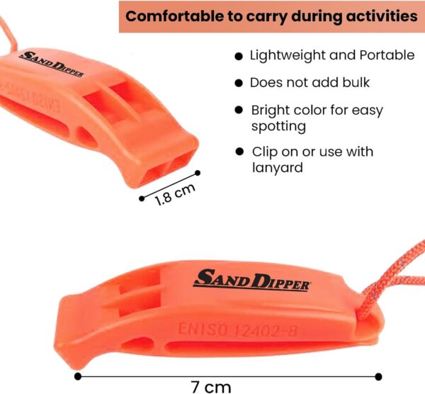 Sand Dipper Loud Signal Whistle, Orange, Waterproof Pealess Design with Reflective Adjustable Lanyard, Double Sound Chamber, ABS Plastic, for Beach, Water Sports, Kayak, Boat, Hiking