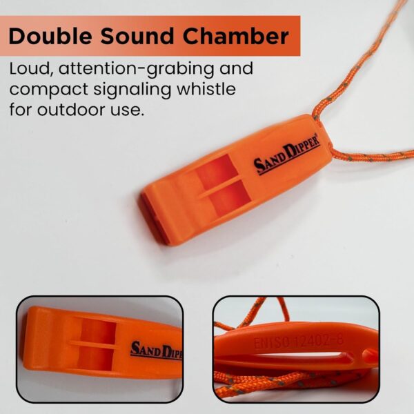 Sand Dipper Loud Signal Whistle, Orange, Waterproof Pealess Design with Reflective Adjustable Lanyard, Double Sound Chamber, ABS Plastic, for Beach, Water Sports, Kayak, Boat, Hiking