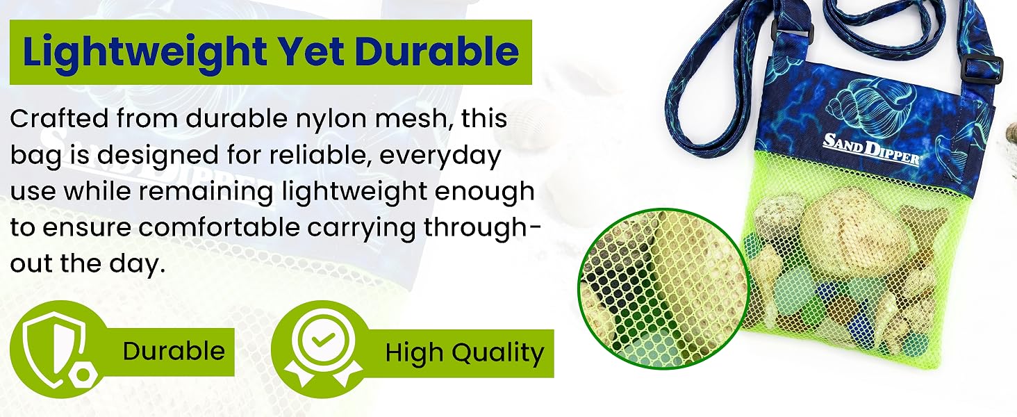 Lightweight nylon mesh beach bag for shells, breathable design drains sand and water