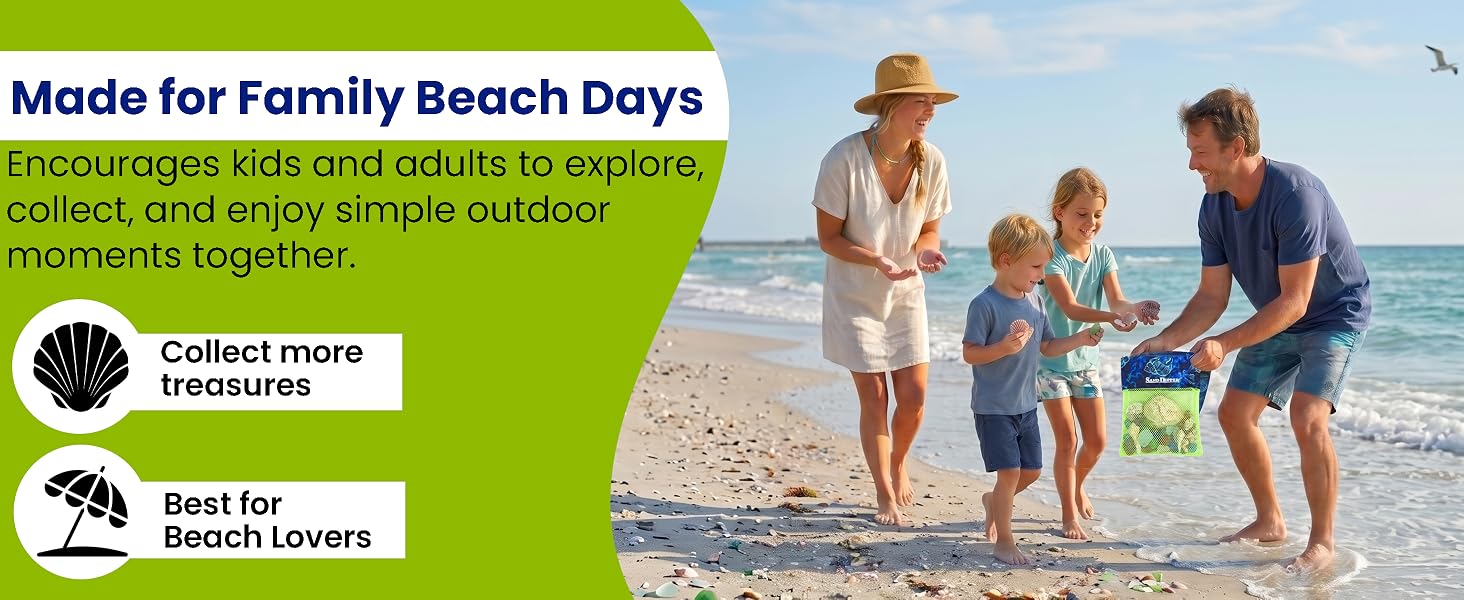 Family collecting seashells using mesh beach bag, great for kids and adults