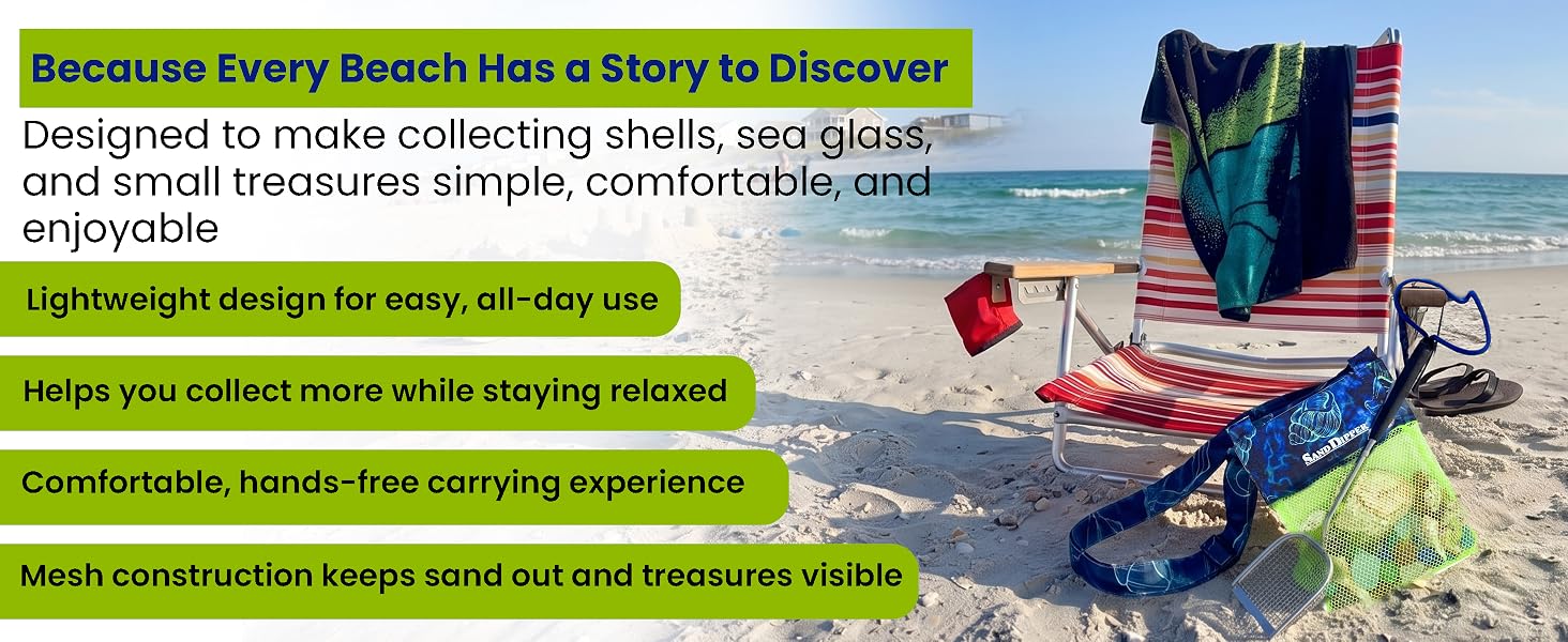 Mesh shell bag for collecting shells and sea glass, lightweight hands-free beach use