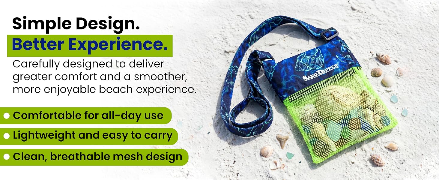 Mesh shell collecting bag on beach filled with seashells, seaglass, lightweight and easy to clean
